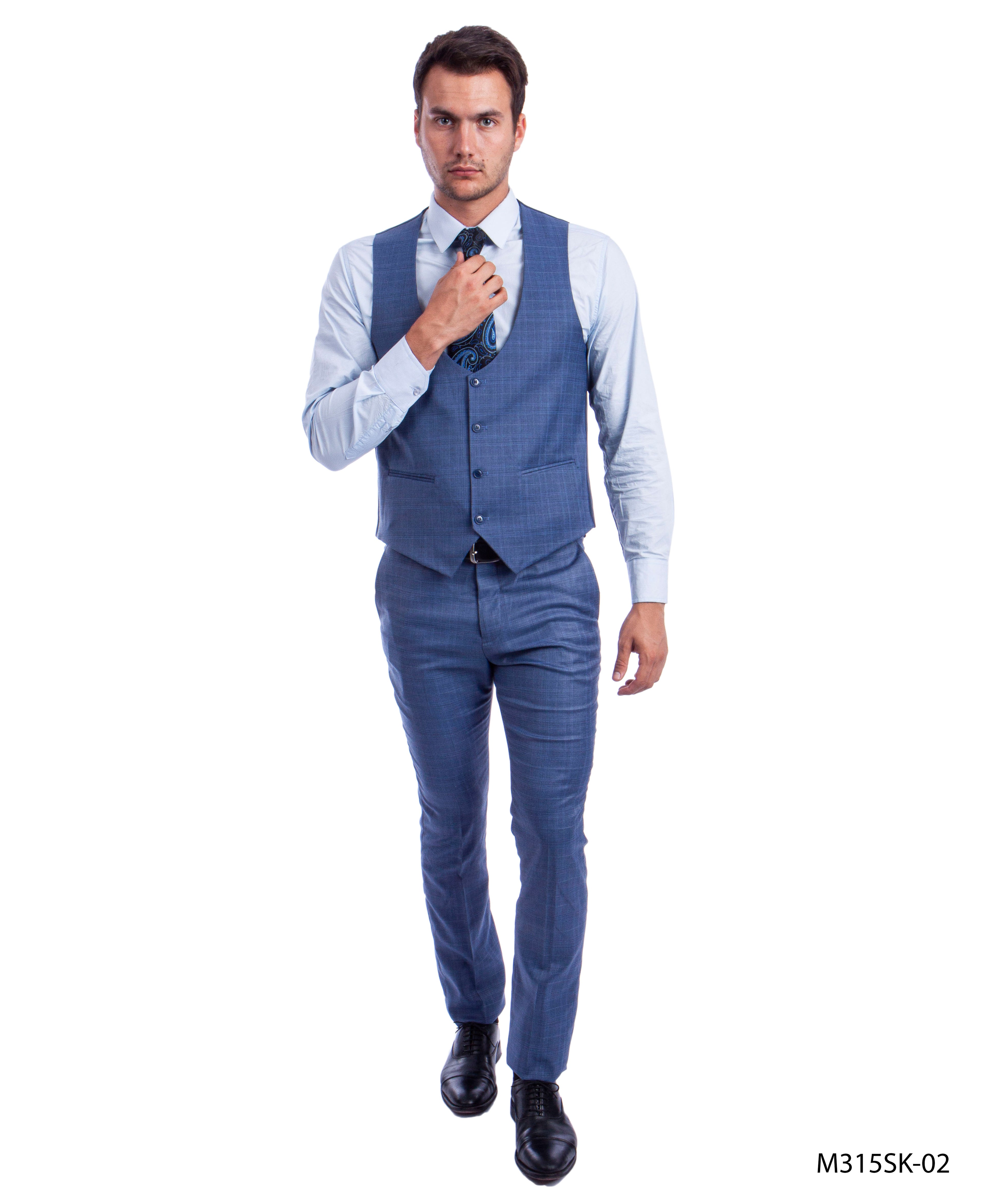 Med Blue 3 PC Plaid Double Breast Vest Suit Skinny Fit Suits