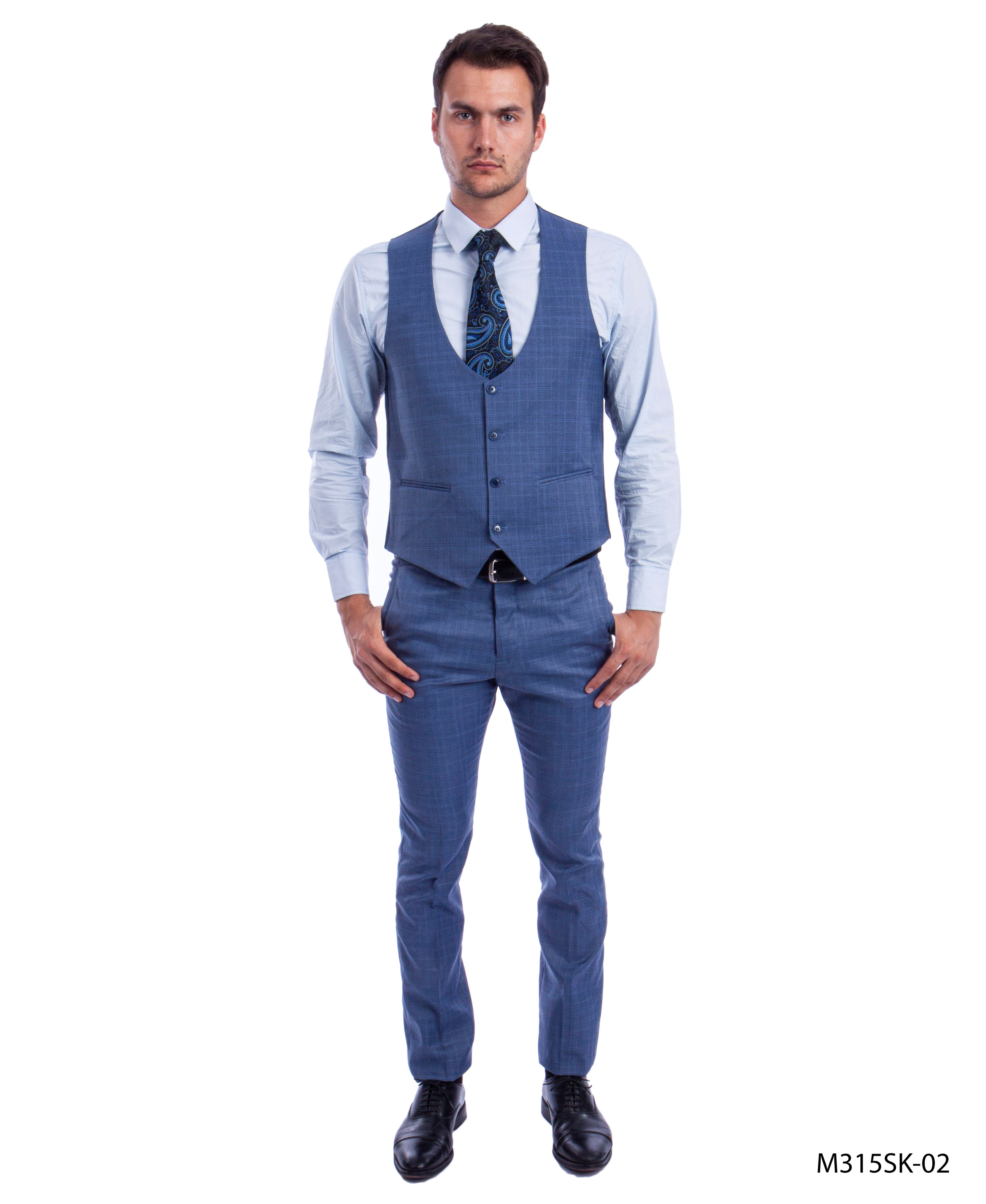 Med Blue 3 PC Plaid Double Breast Vest Suit Skinny Fit Suits