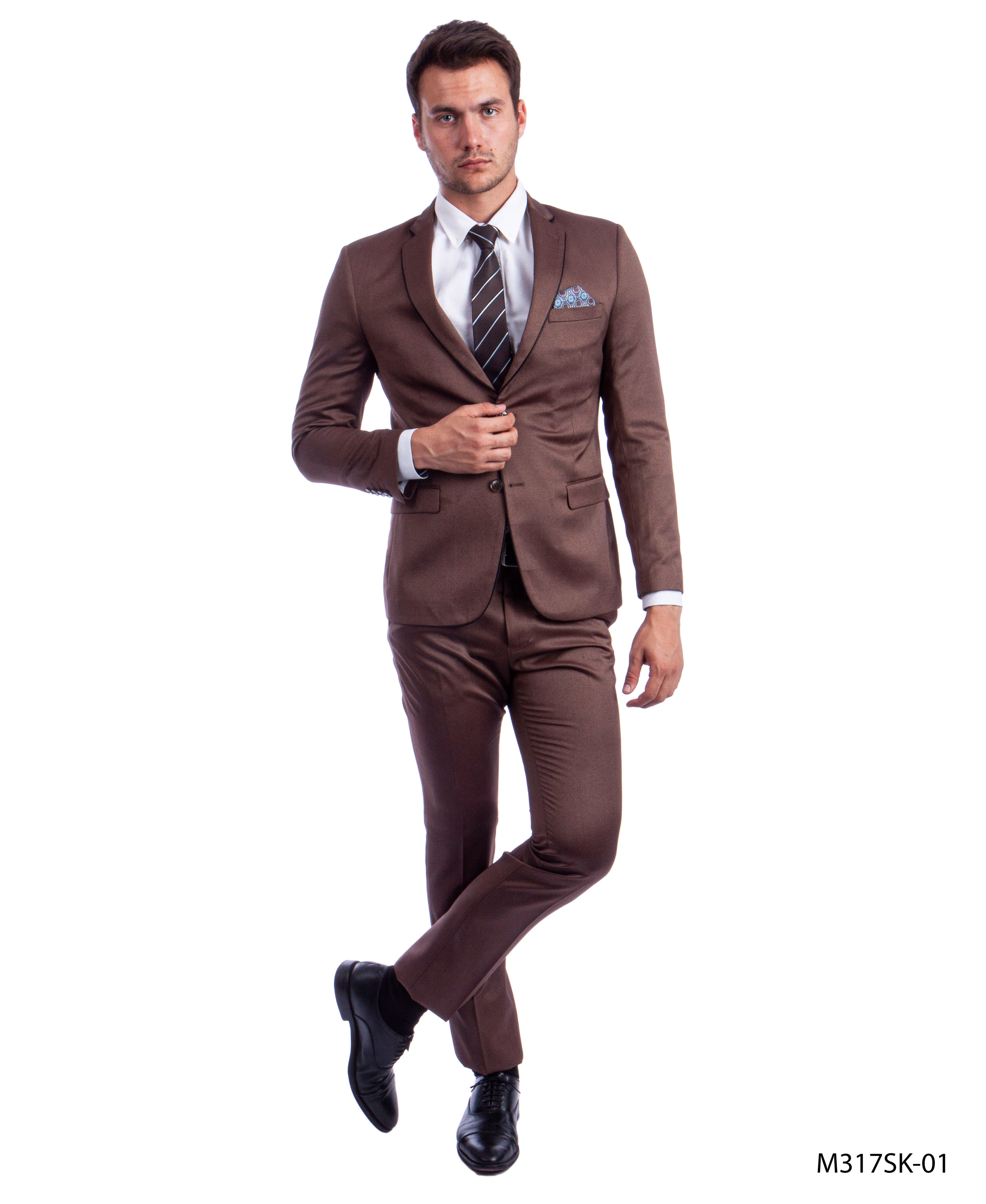 Brown 2 PC Birdseye Suit Skinny Fit Suits