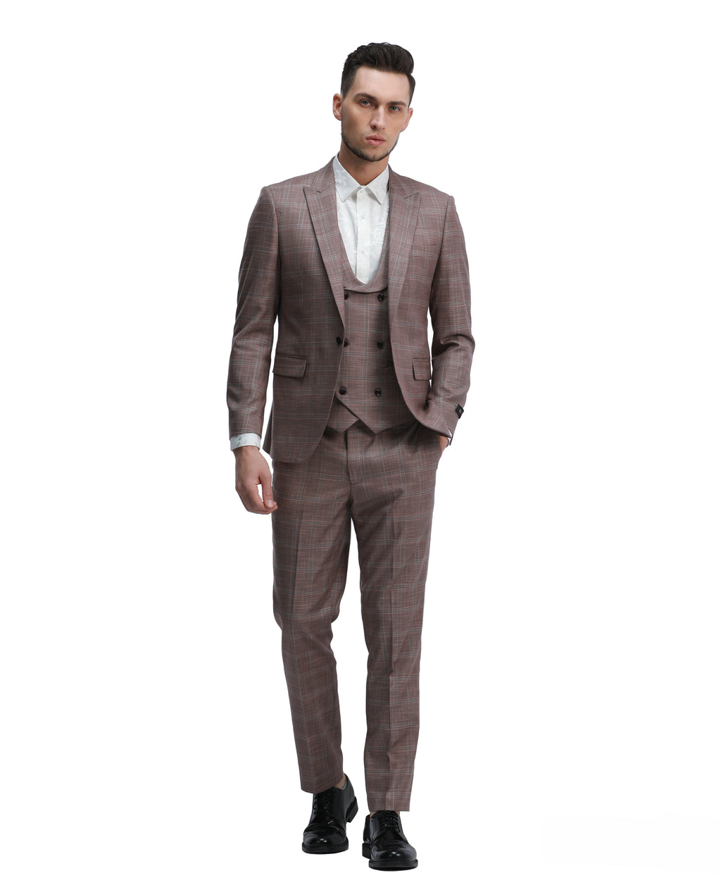 Mens Suit 3pc Plaid Peak Lapel Suit With Matching Double Breasted Vest & Pants For All Ocassions