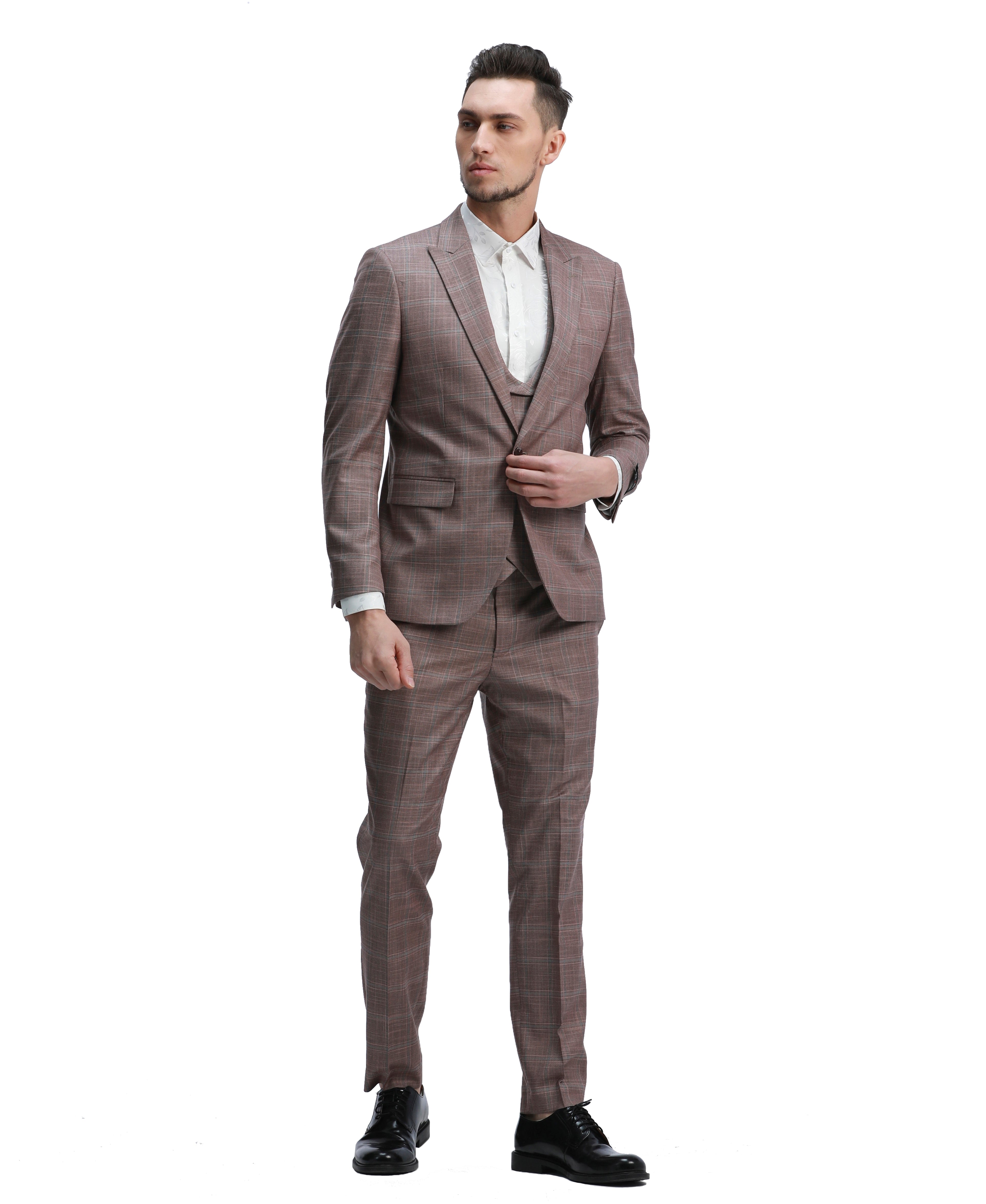 Mens Suit 3pc Plaid Peak Lapel Suit With Matching Double Breasted Vest & Pants For All Ocassions