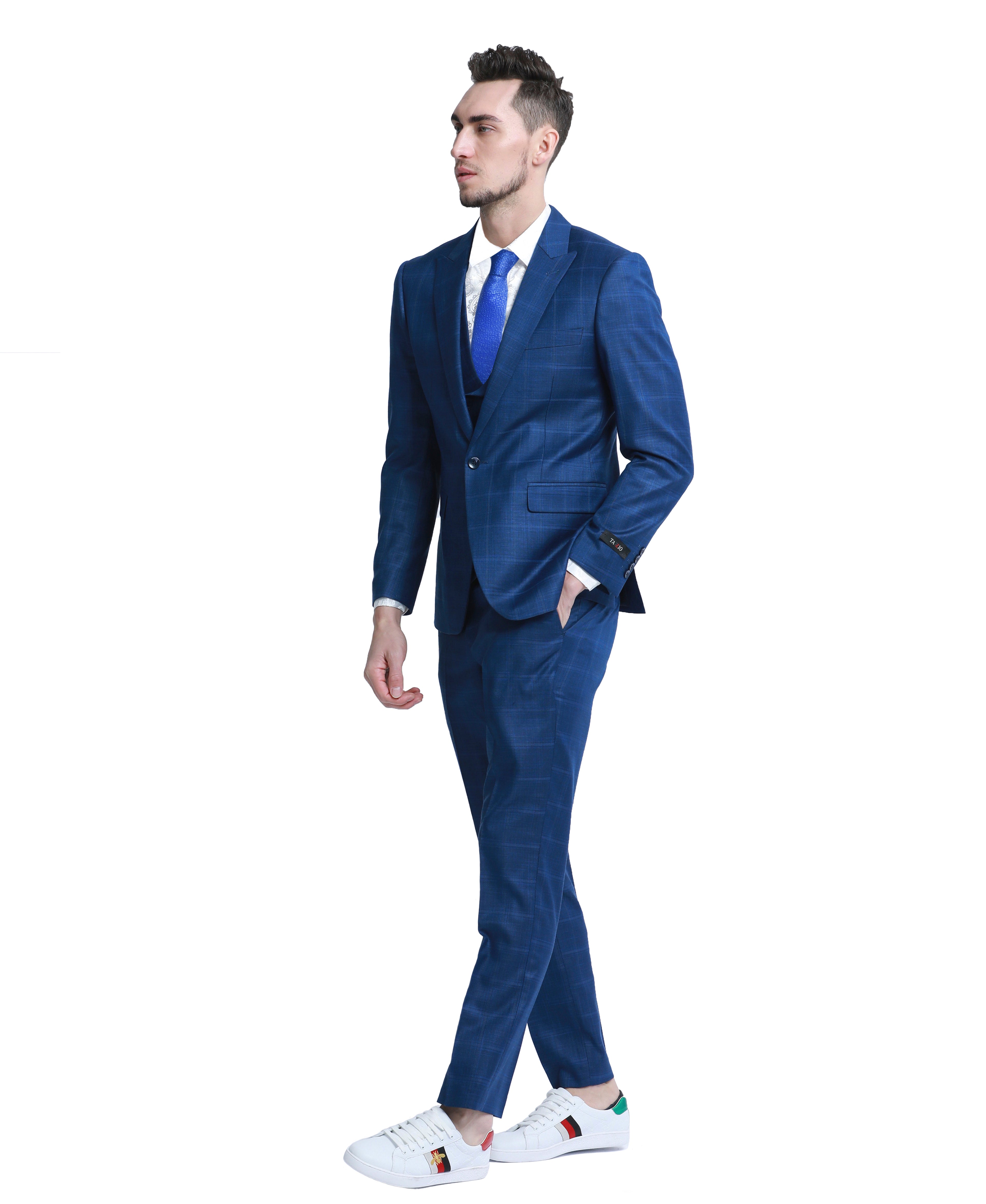 Mens Suit 3pc Plaid Peak Lapel Suit With Matching Double Breasted Vest & Pants For All Ocassions