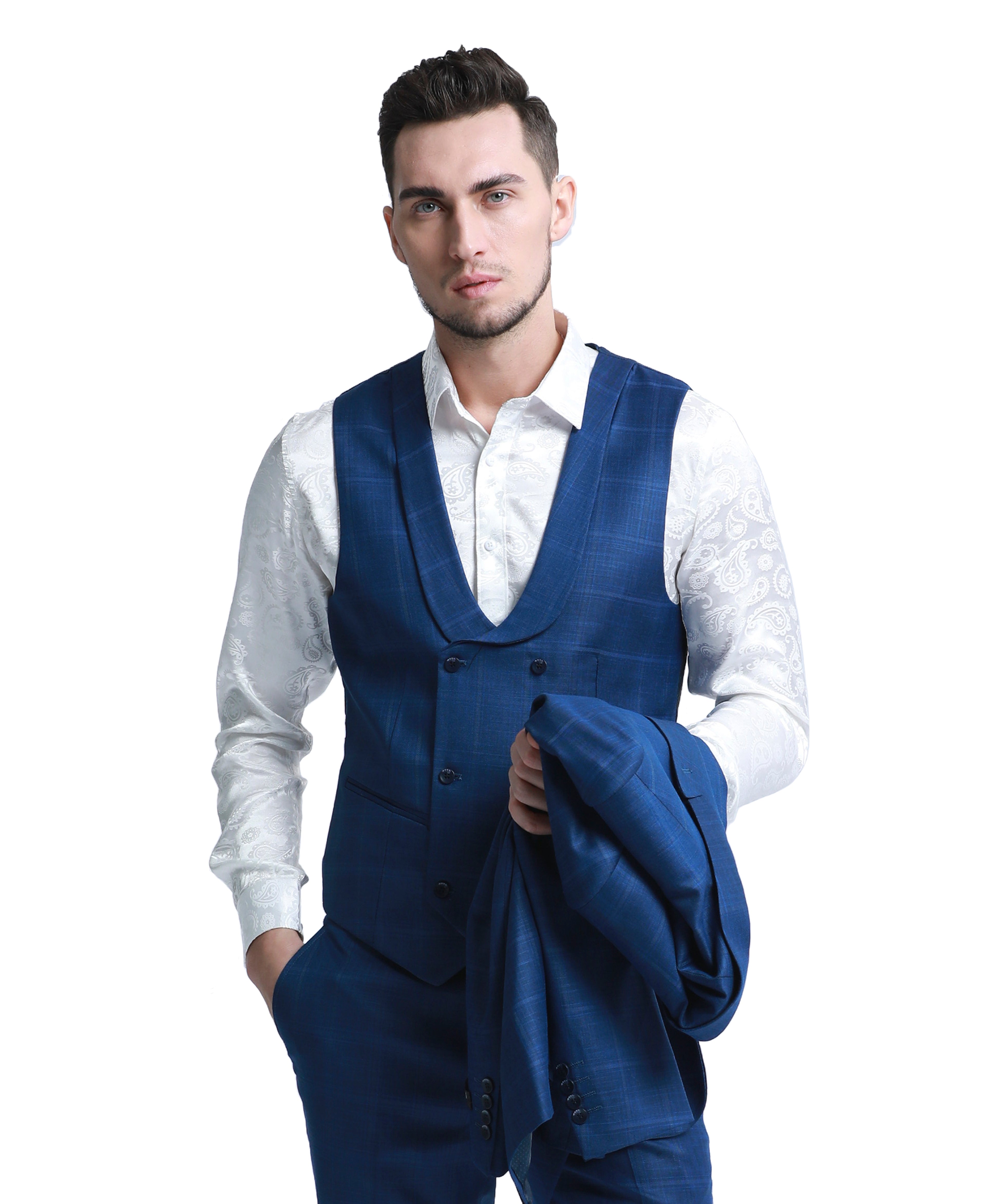 Mens Suit 3pc Plaid Peak Lapel Suit With Matching Double Breasted Vest & Pants For All Ocassions
