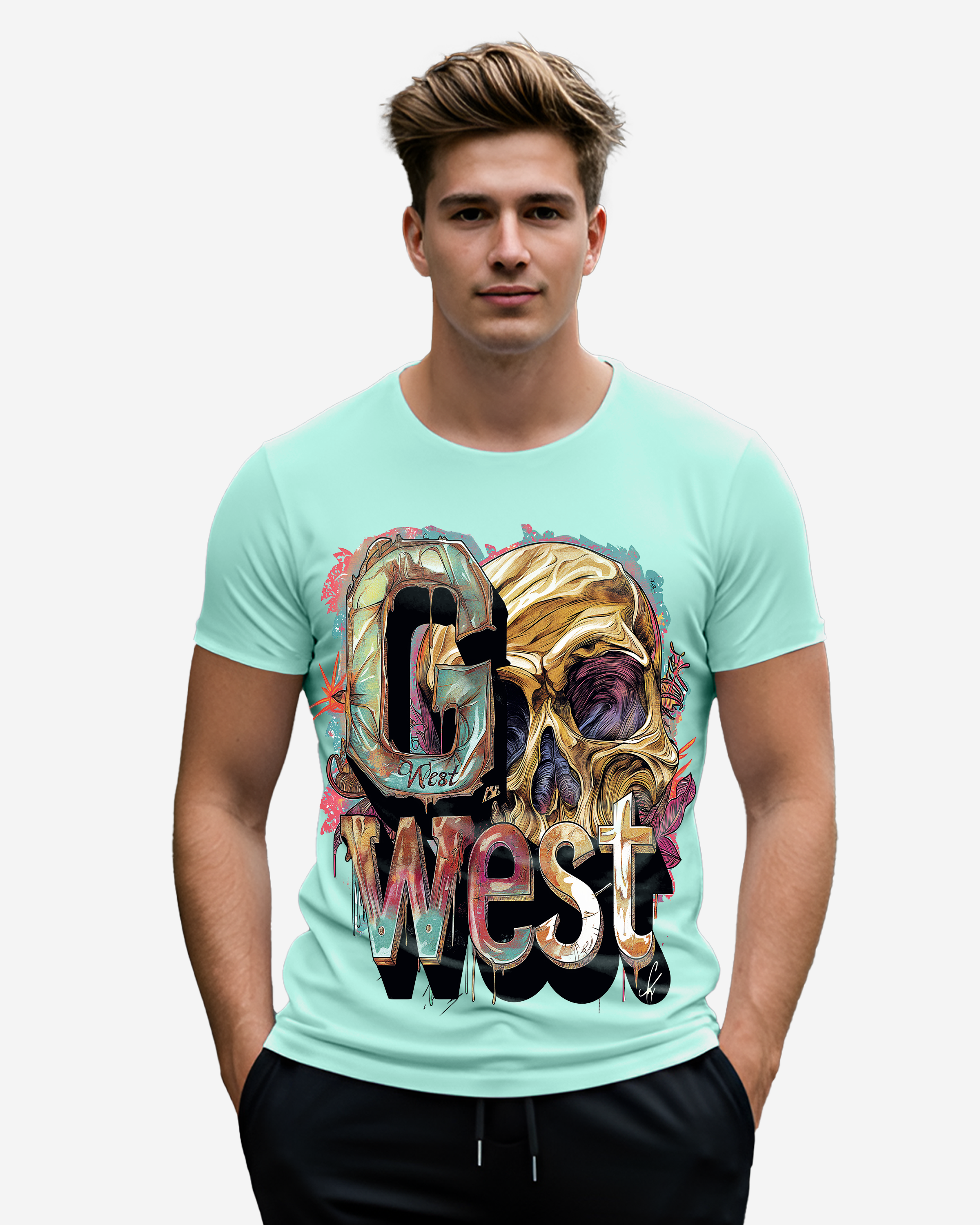 G West Mens Multicolor Skull Tee G West