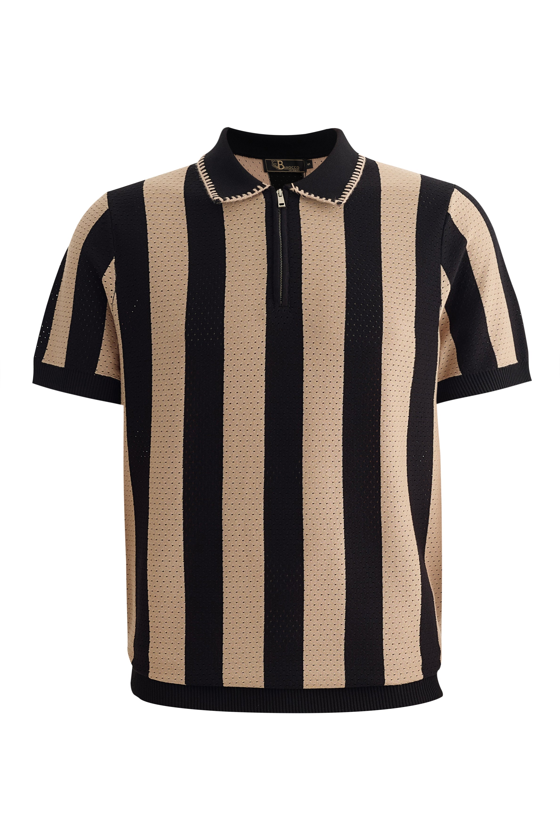 Monaco Zip Knit Polo with Bold Stripe Knit KHAKI
