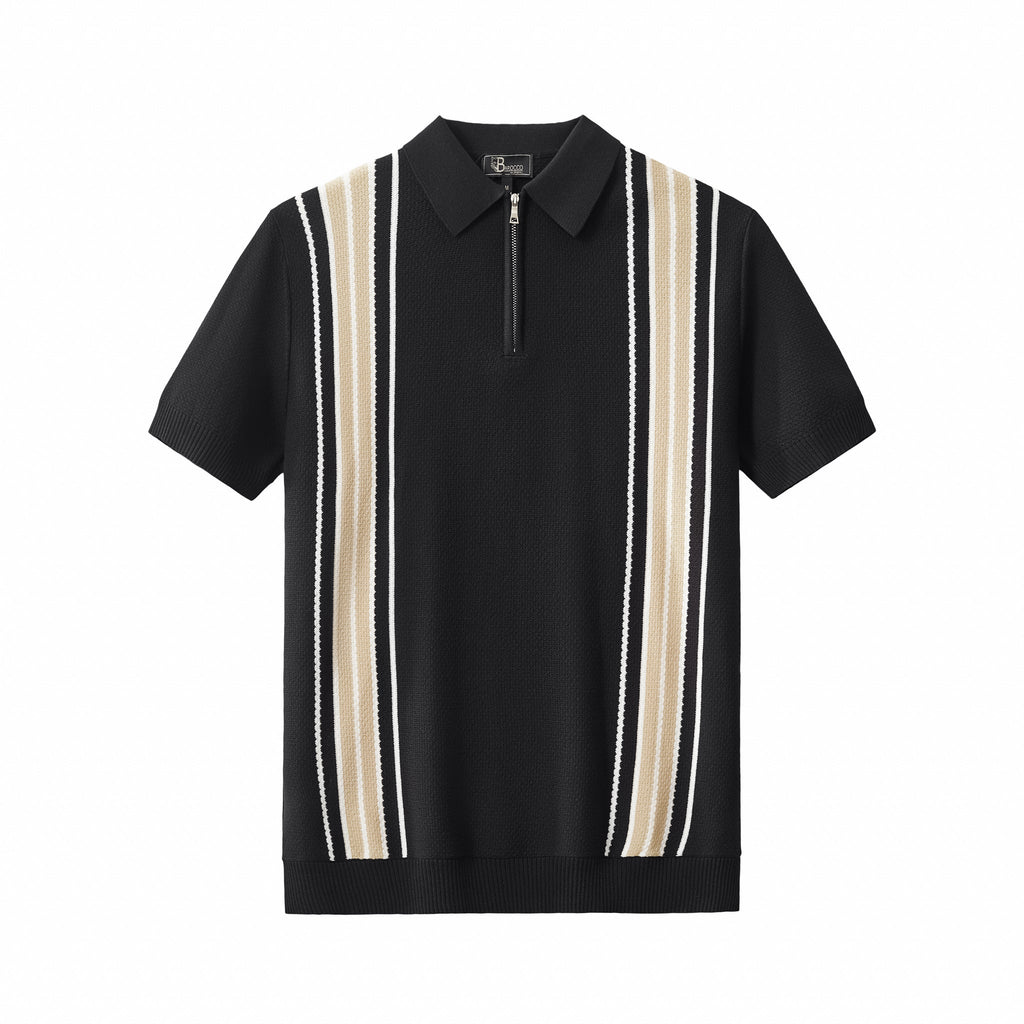 Retro Stripe Zip Knit Polo BLACK/KHAKI