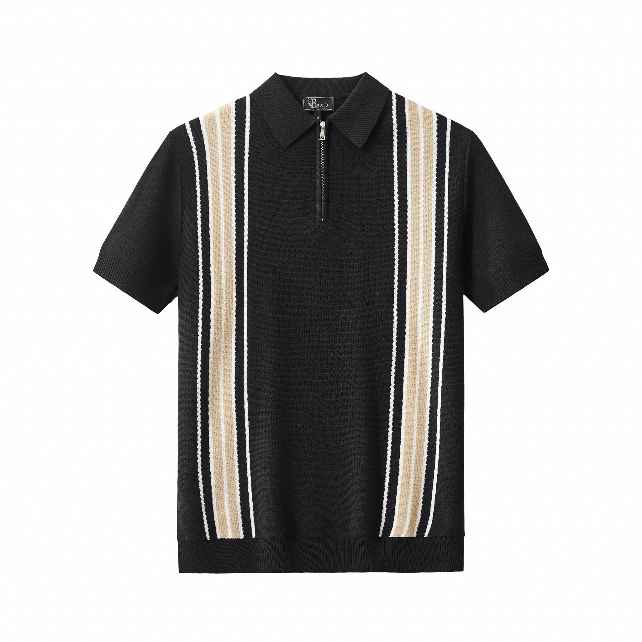 Retro Stripe Zip Knit Polo BLACK/KHAKI