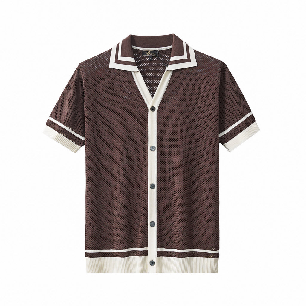 Contrast Trim Mesh Knit Button-Up COFFEE