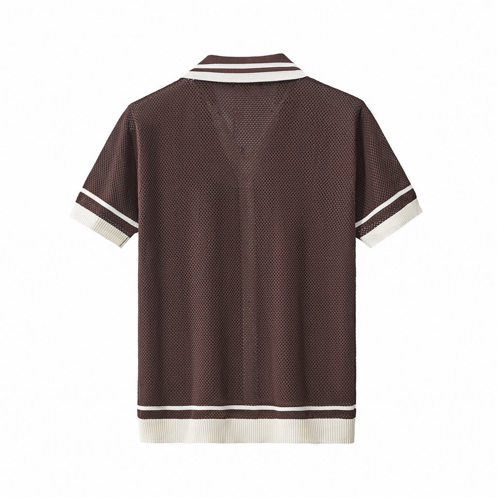 Contrast Trim Mesh Knit Button-Up COFFEE