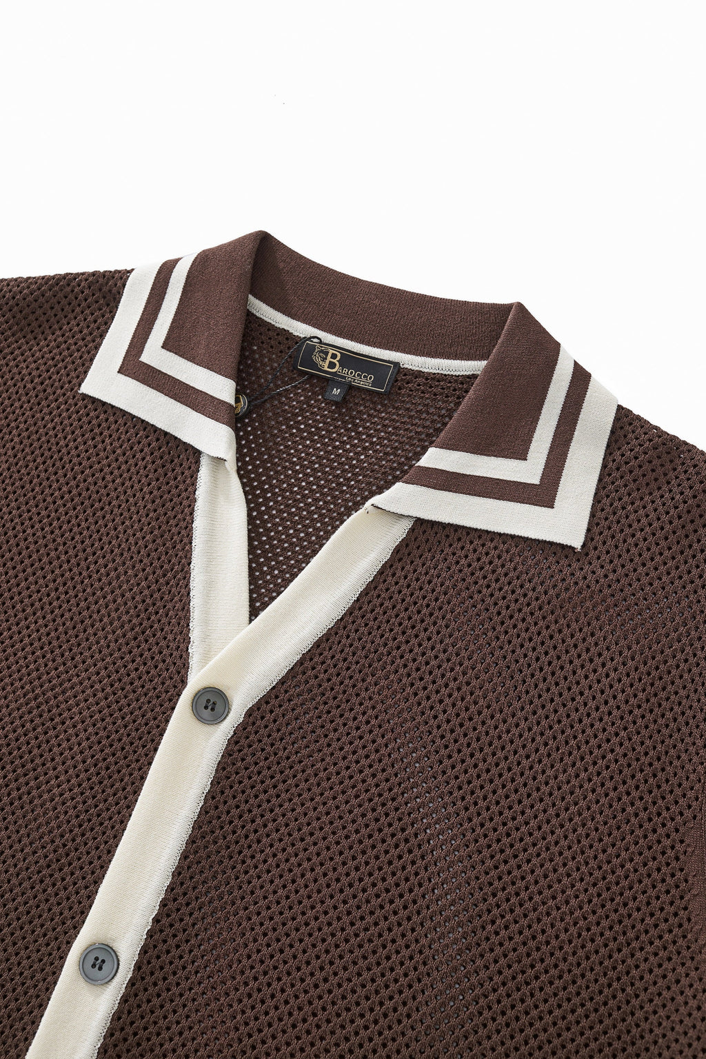 Contrast Trim Mesh Knit Button-Up COFFEE