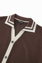 Contrast Trim Mesh Knit Button-Up COFFEE
