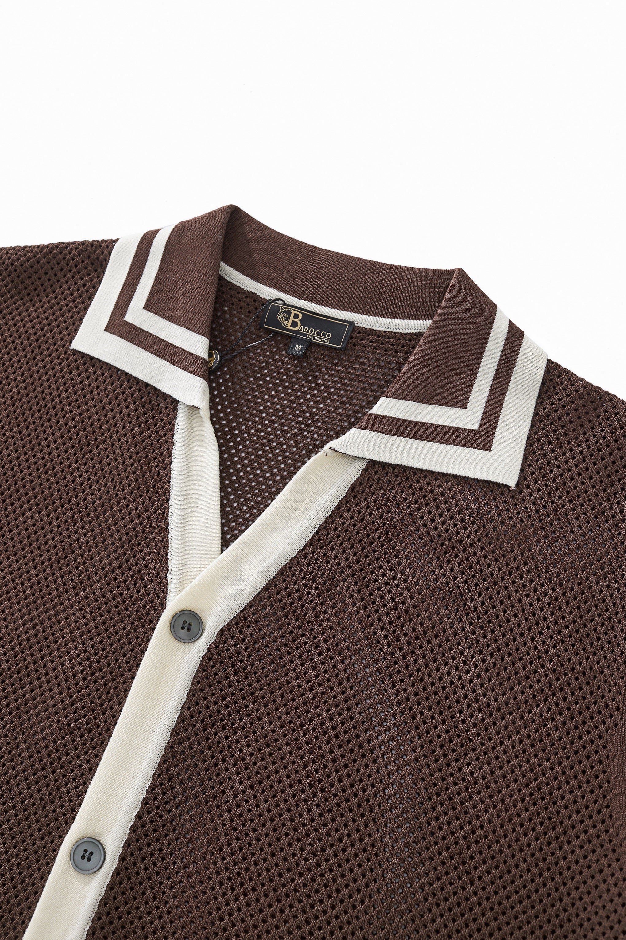 Contrast Trim Mesh Knit Button-Up COFFEE