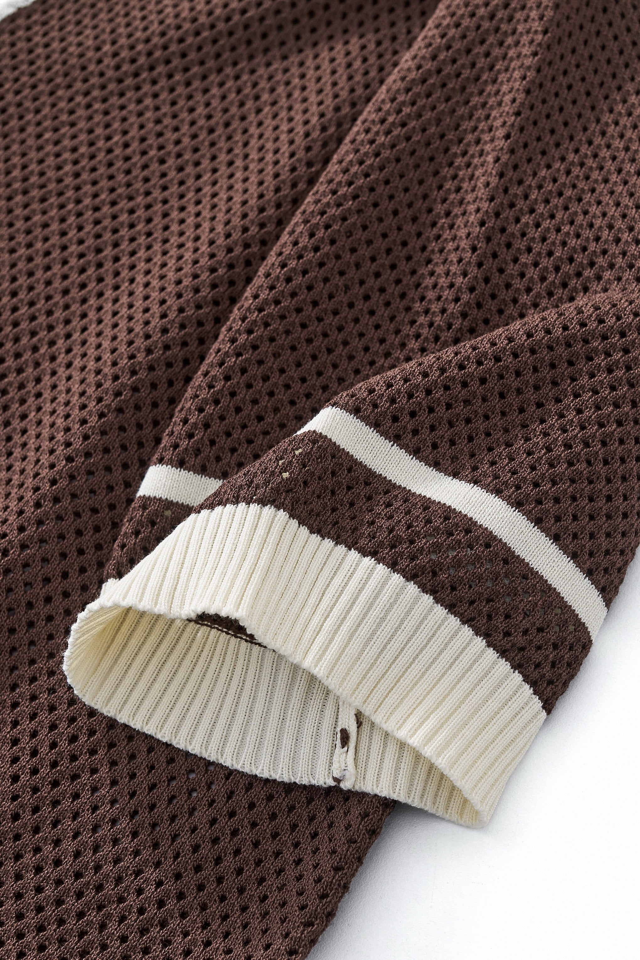 Contrast Trim Mesh Knit Button-Up COFFEE