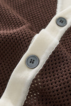 Contrast Trim Mesh Knit Button-Up COFFEE