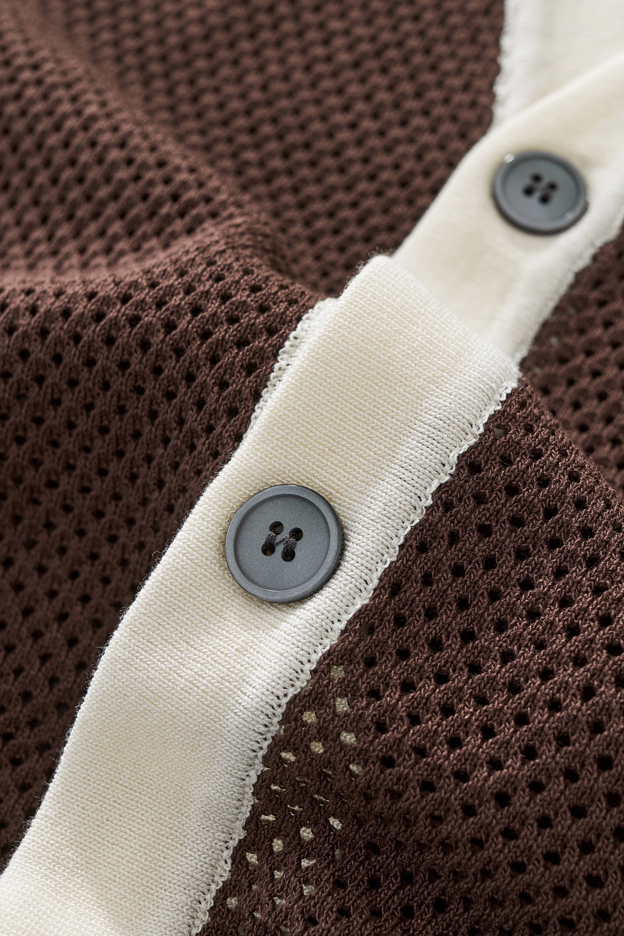 Contrast Trim Mesh Knit Button-Up COFFEE