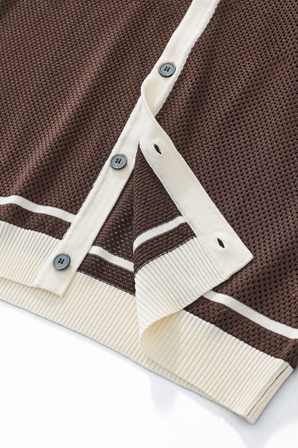 Contrast Trim Mesh Knit Button-Up COFFEE
