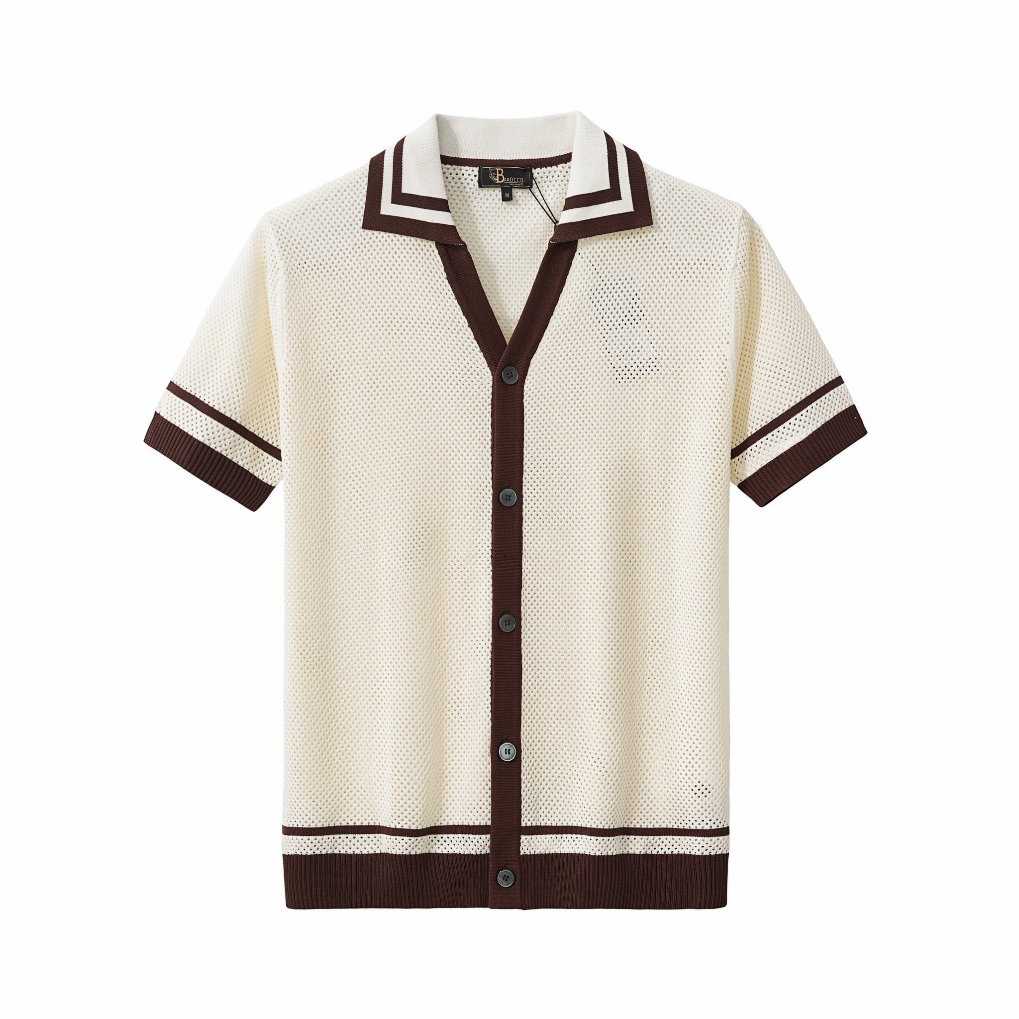 Contrast Trim Mesh Knit Button-Up IVORY