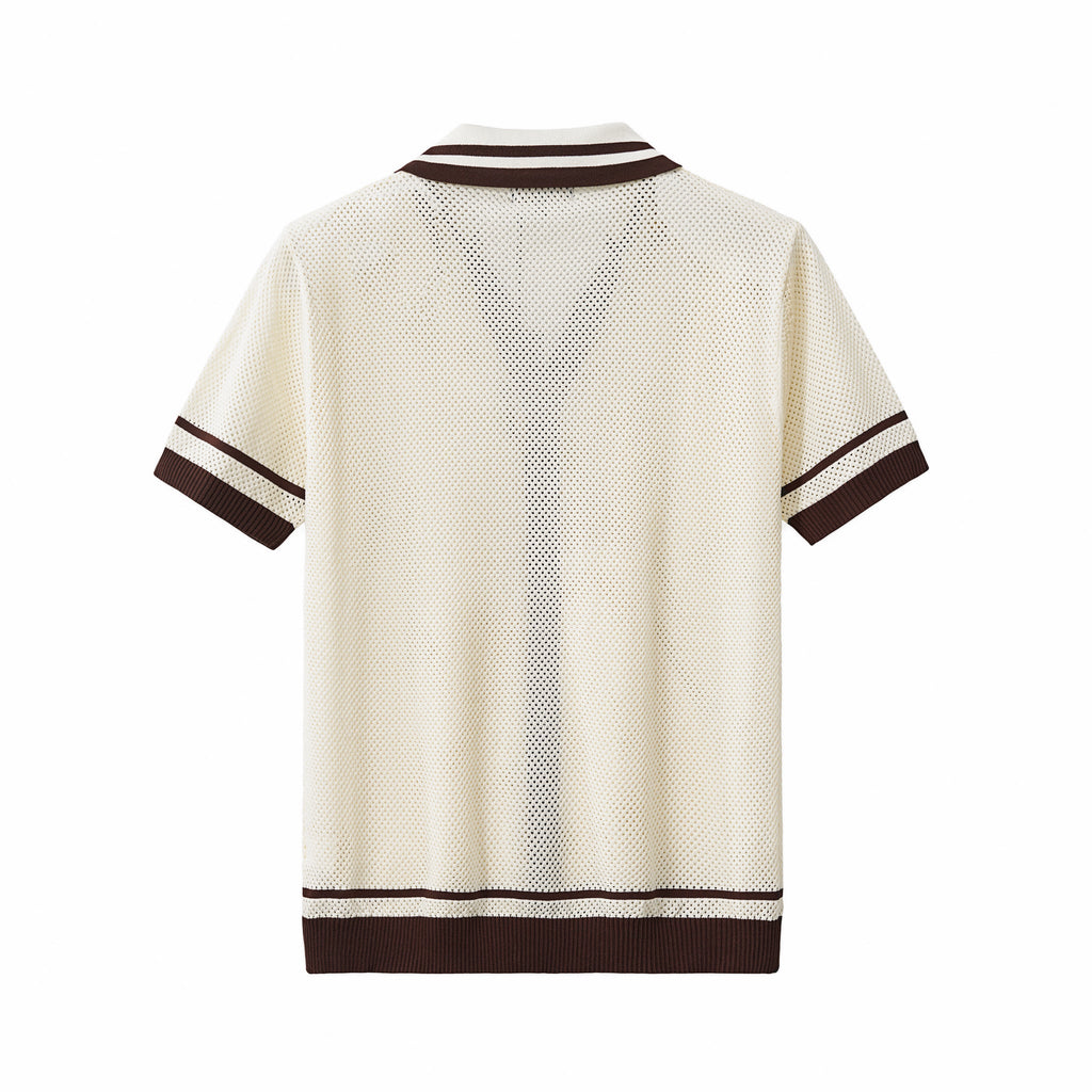 Contrast Trim Mesh Knit Button-Up IVORY
