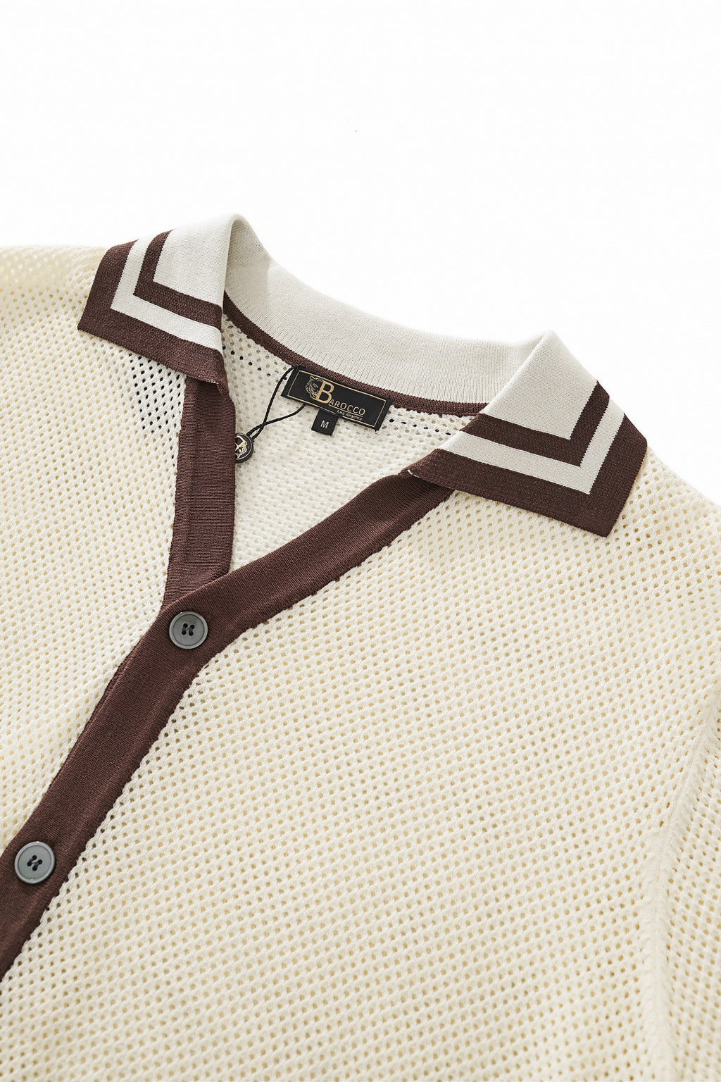 Contrast Trim Mesh Knit Button-Up IVORY