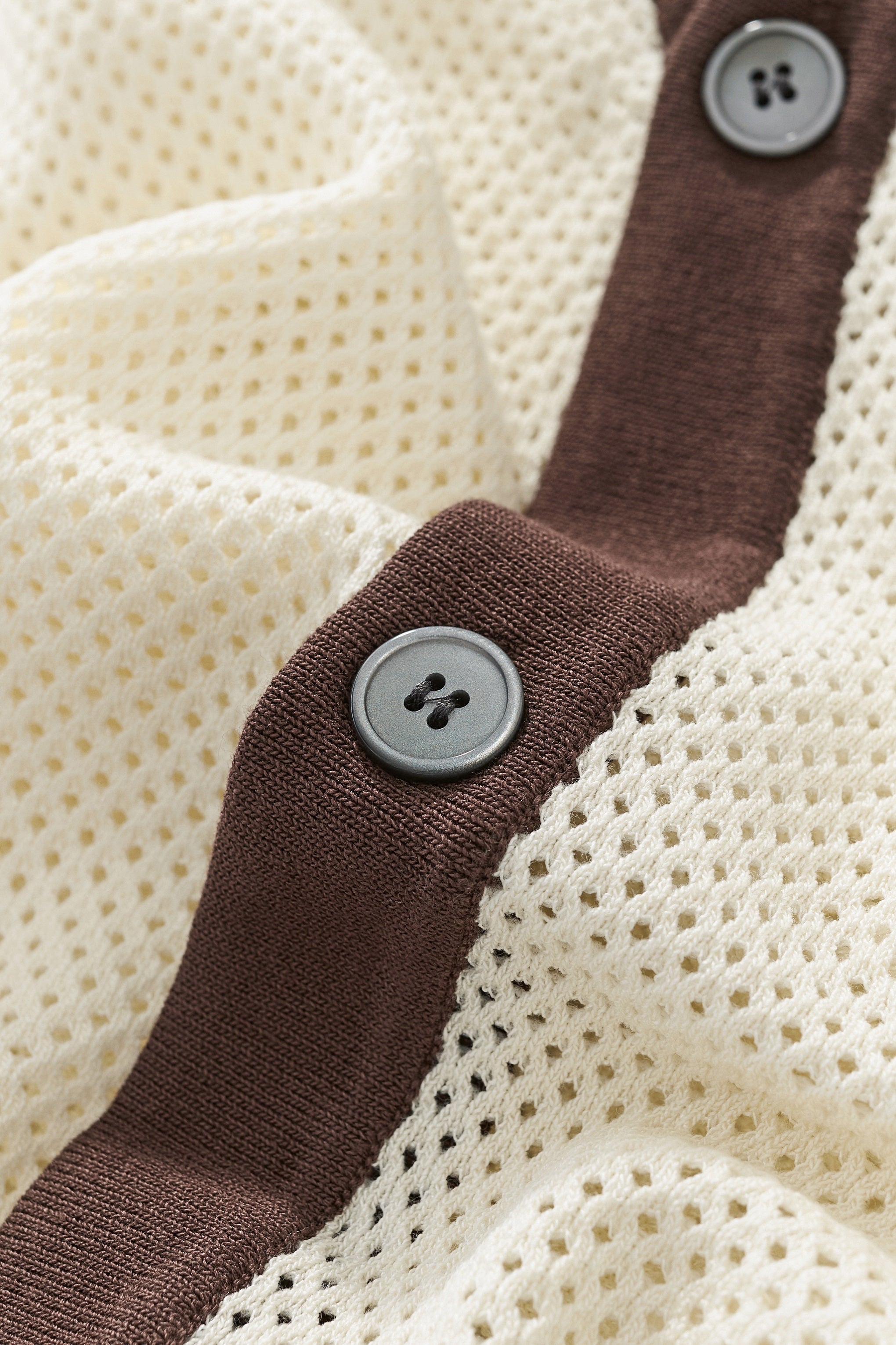 Contrast Trim Mesh Knit Button-Up IVORY