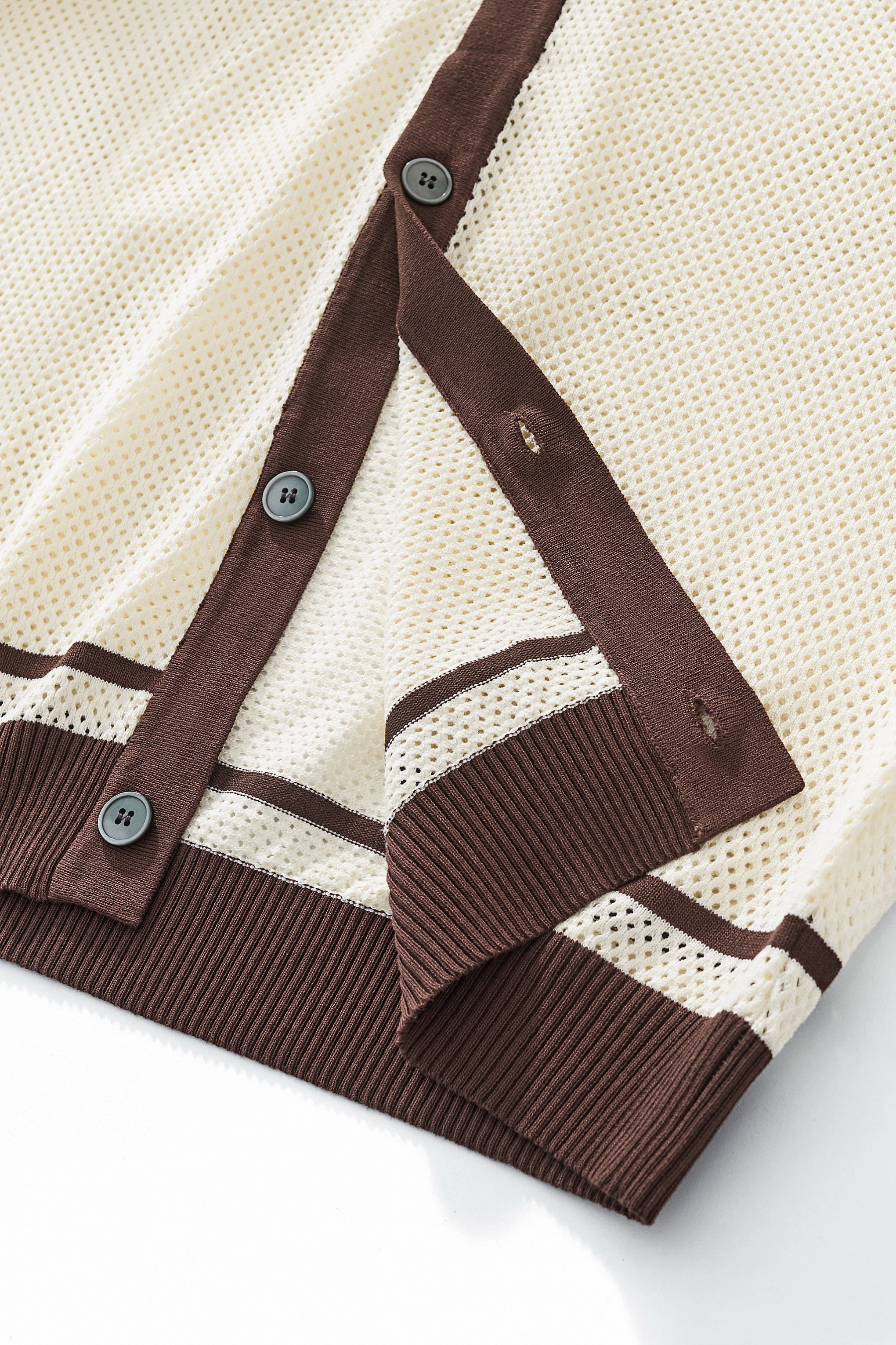 Contrast Trim Mesh Knit Button-Up IVORY
