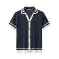 Contrast Trim Mesh Knit Button-Up NAVY
