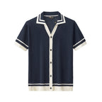 Contrast Trim Mesh Knit Button-Up NAVY