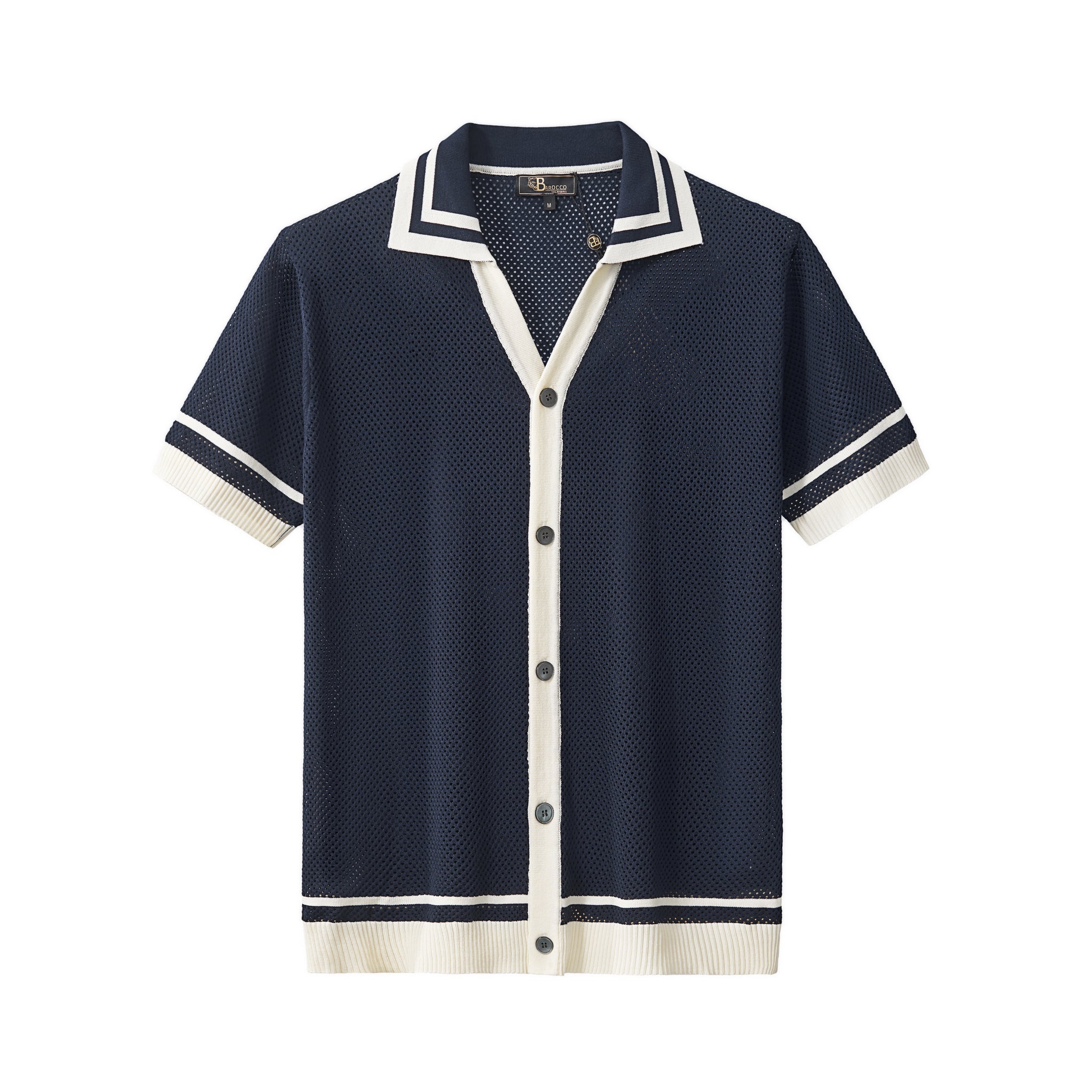 Contrast Trim Mesh Knit Button-Up NAVY