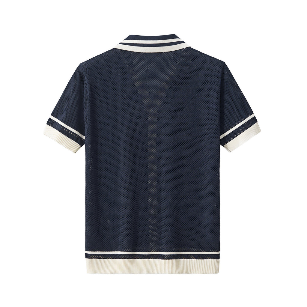 Contrast Trim Mesh Knit Button-Up NAVY