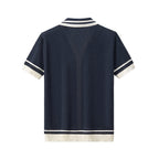 Contrast Trim Mesh Knit Button-Up NAVY