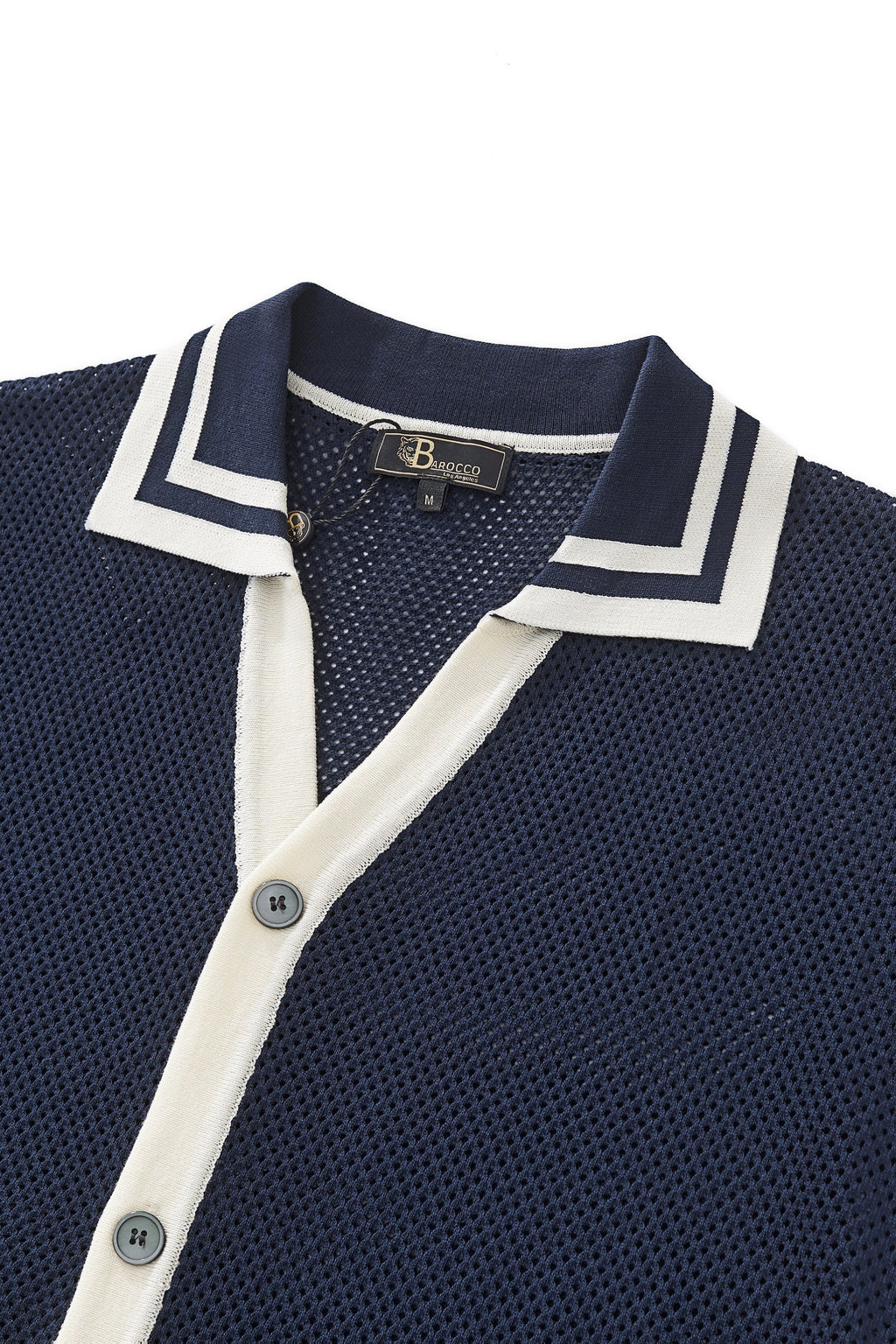 Contrast Trim Mesh Knit Button-Up NAVY