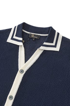 Contrast Trim Mesh Knit Button-Up NAVY
