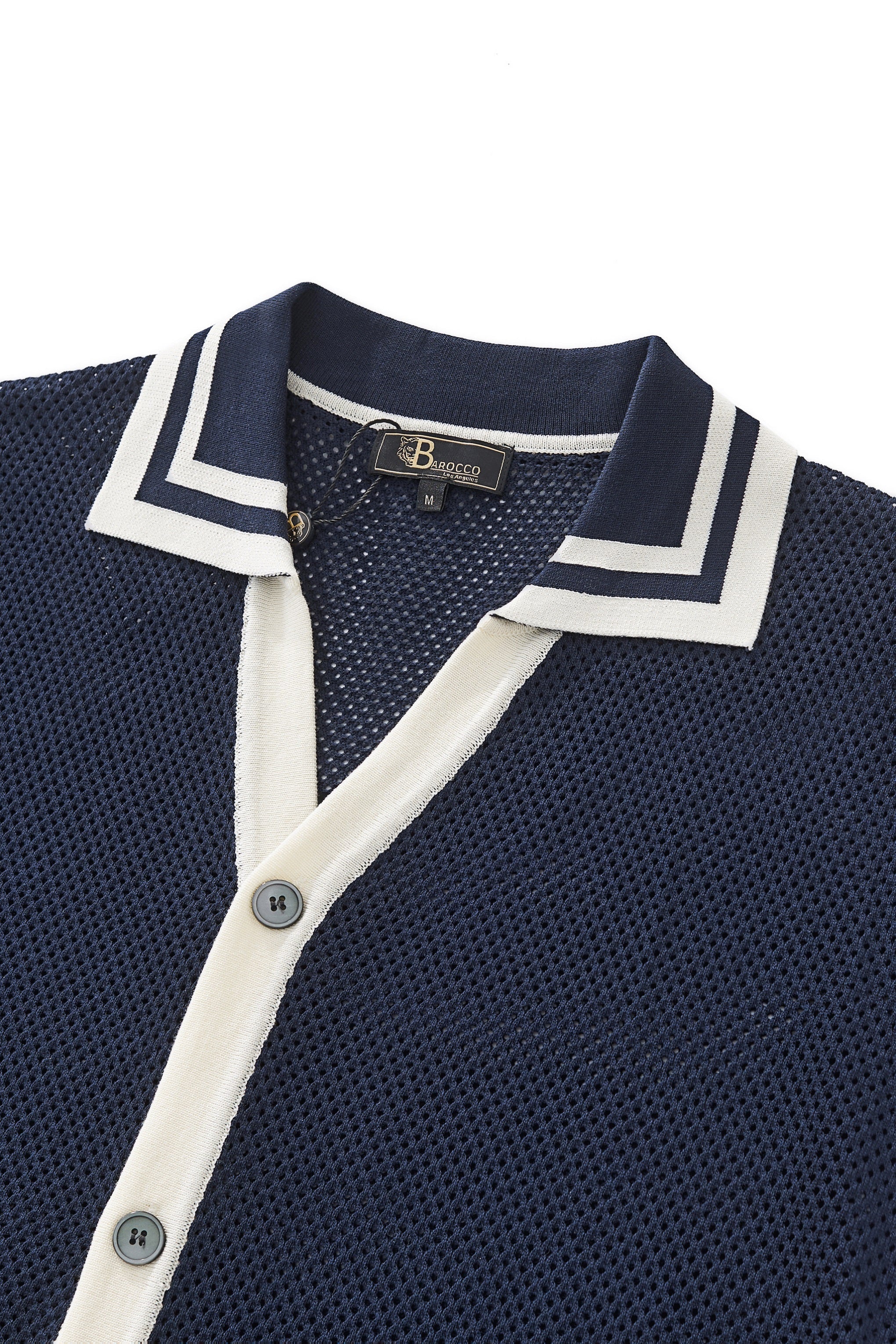 Contrast Trim Mesh Knit Button-Up NAVY