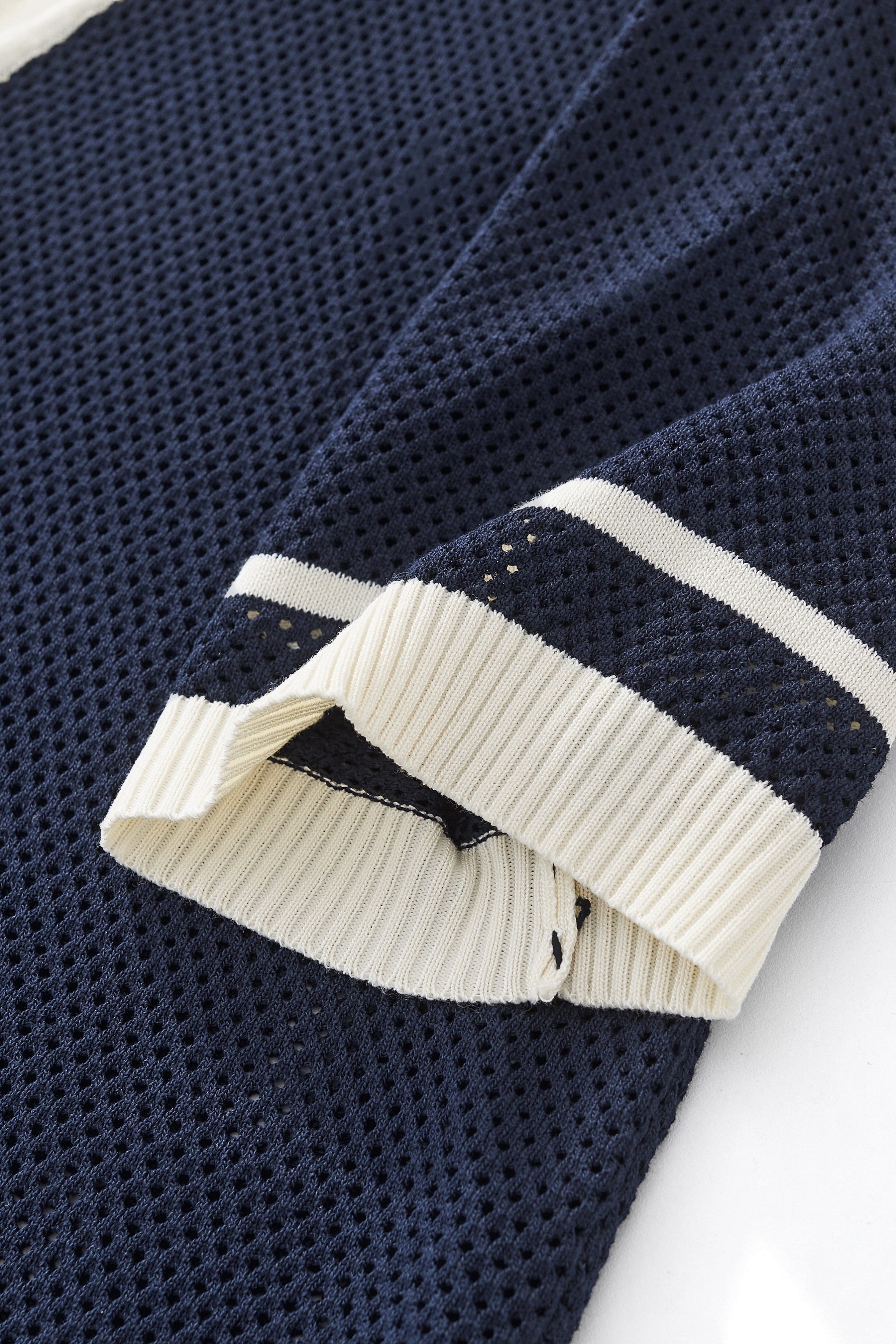 Contrast Trim Mesh Knit Button-Up NAVY