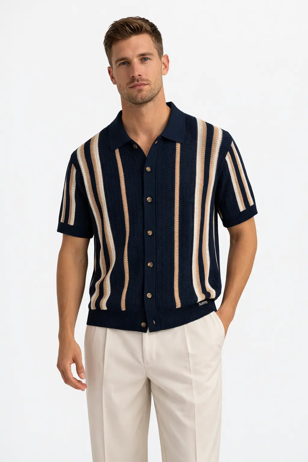 Riviera Stripe Mesh Knit SS Shirt NAVY