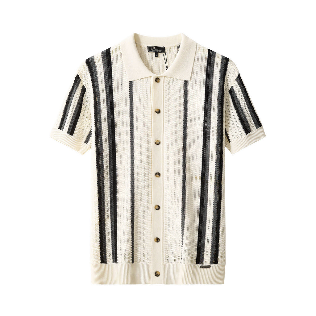 Riviera Stripe Mesh Knit SS Shirt IVORY