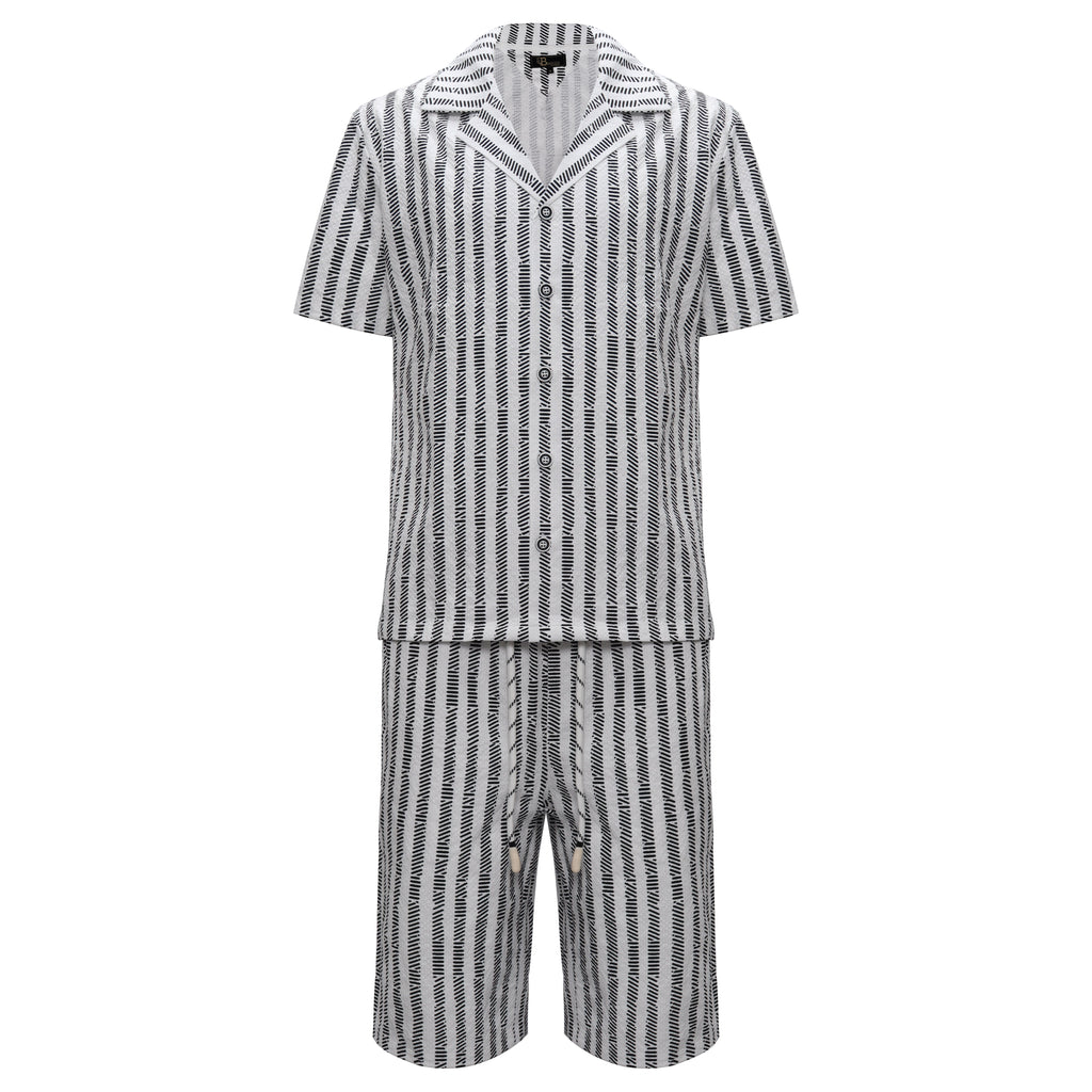 Men’s Striped Button-Up Shirt & Shorts Set WHITE/BLACK