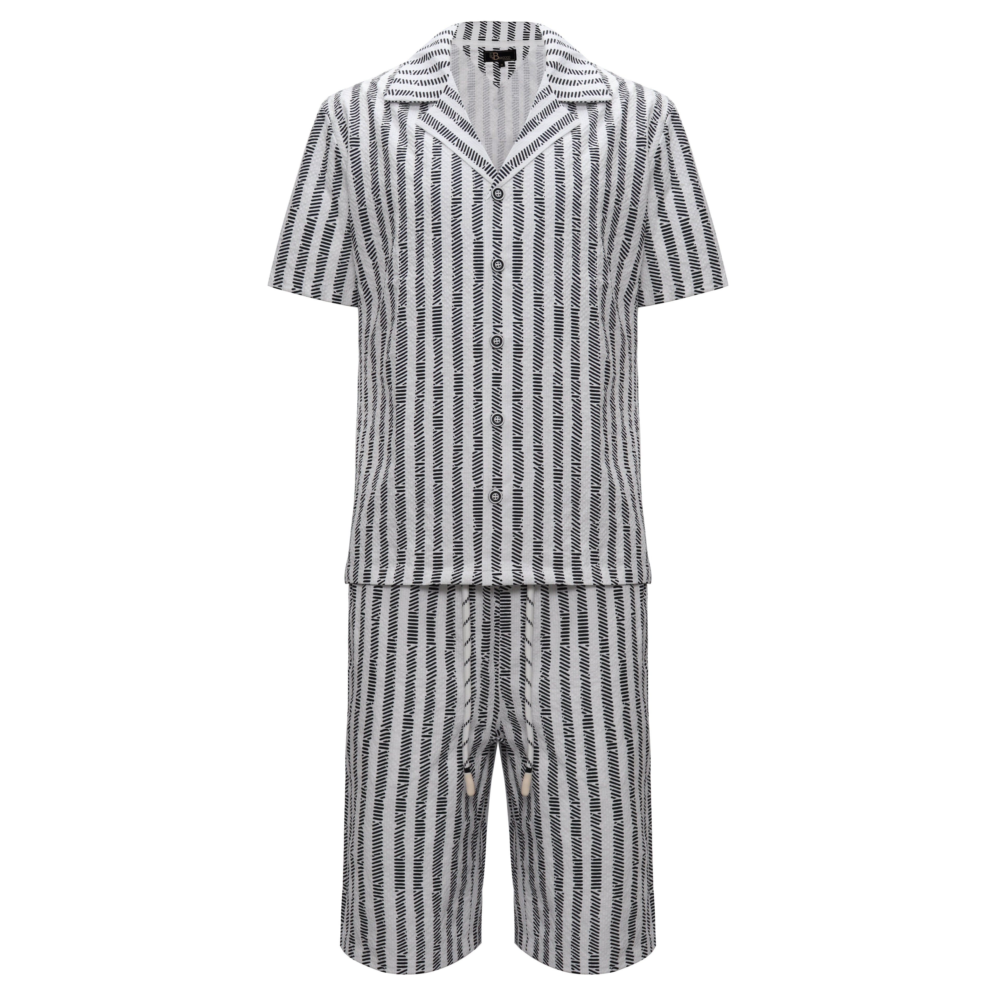 Men’s Striped Button-Up Shirt & Shorts Set WHITE/BLACK