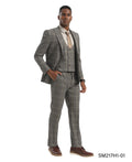 Men's Suit Light Grey Peak Lapel 3pc Hybrid Fit 3pc Plaid Suits