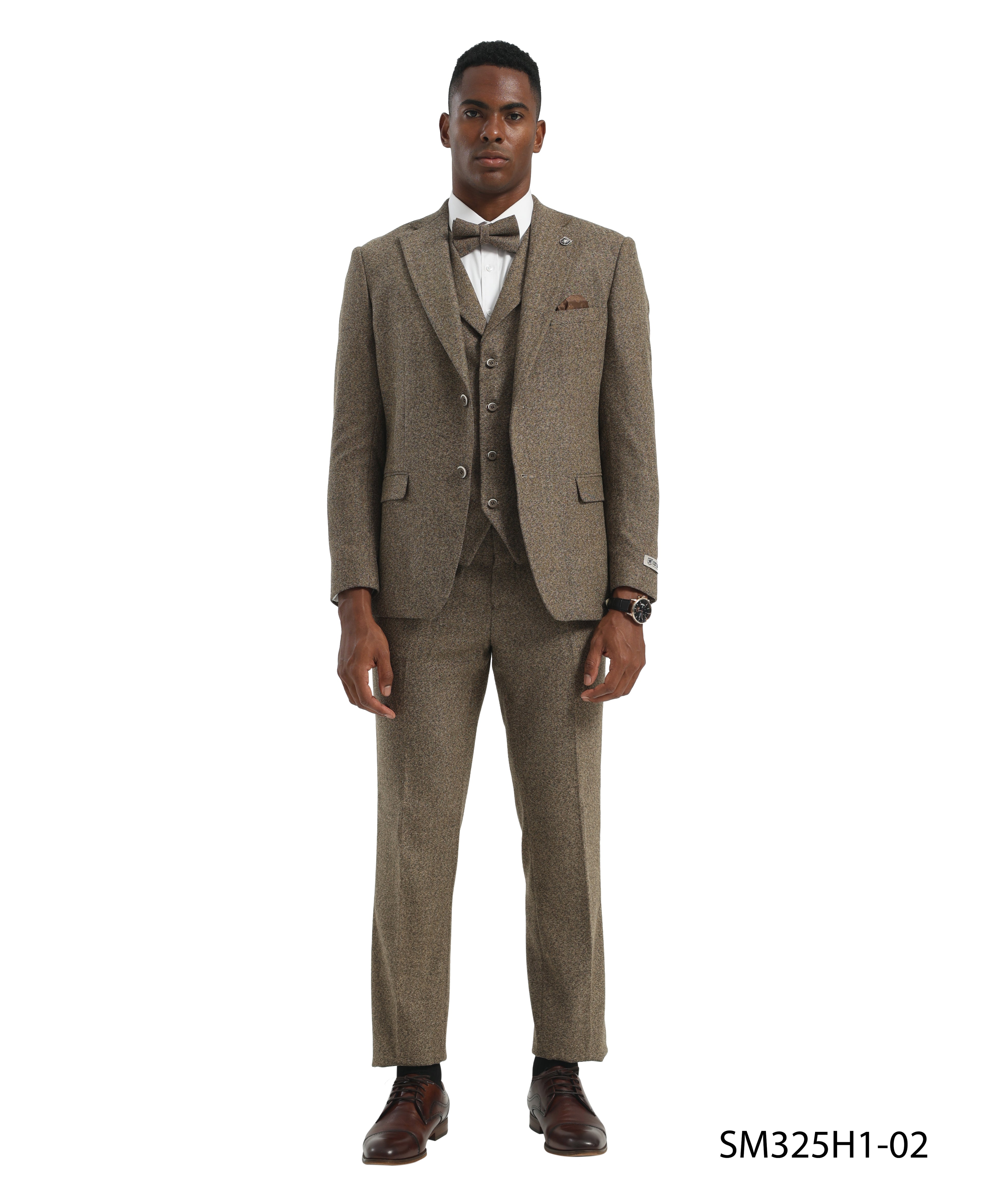 Men's Suit Tweed Light Grey Notch Lapel 3pc Hybrid Fit 3pc Tweed Suits