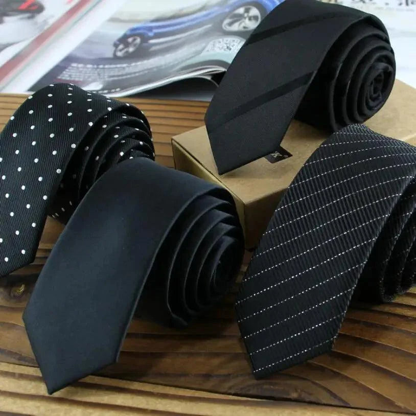 Business Black Skinny Ties Polyester Silk Necktie For Men Washable Formal Office Simple Design Necties Solid Color Skinny Tie Slim Necktie For Men Stevvex