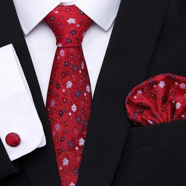Business Men Silk Necktie Cufflinks Set Luxury Design Necktie With Handkerchief Necktie For Casual And Daily Wear Classic Men Flower Ties Wedding Handkerchief Cufflinks Set Stevvex