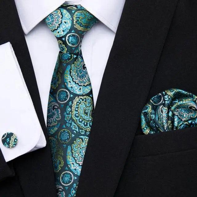 Business Men Silk Necktie Cufflinks Set Luxury Design Necktie With Handkerchief Necktie For Casual And Daily Wear Classic Men Flower Ties Wedding Handkerchief Cufflinks Set Stevvex