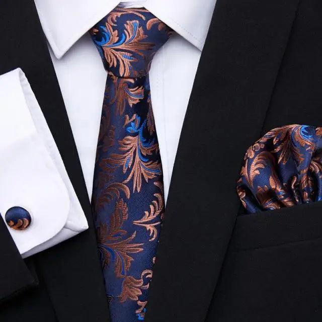 Business Men Silk Necktie Cufflinks Set Luxury Design Necktie With Handkerchief Necktie For Casual And Daily Wear Classic Men Flower Ties Wedding Handkerchief Cufflinks Set Stevvex