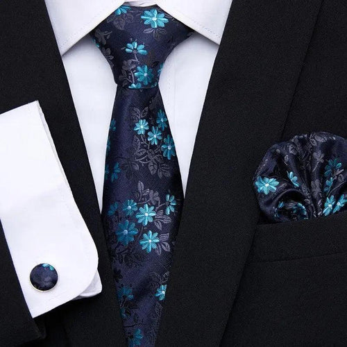 Business Men Silk Necktie Cufflinks Set Luxury Design Necktie With Handkerchief Necktie For Casual And Daily Wear Classic Men Flower Ties Wedding Handkerchief Cufflinks Set Stevvex