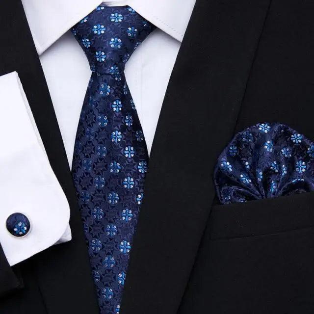 Business Men Silk Necktie Cufflinks Set Luxury Design Necktie With Handkerchief Necktie For Casual And Daily Wear Classic Men Flower Ties Wedding Handkerchief Cufflinks Set Stevvex