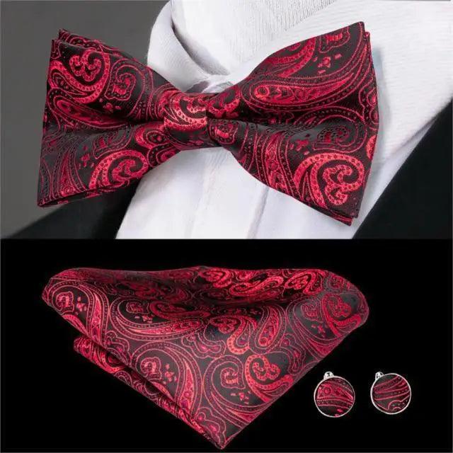 Business Red Color Butterfly Bow Tie Pocket Square Cufflinks Suit Set For Men Adjustable Self Bowtie Formal Bowtie Set Solid Color Necktie Silk Bow Tie Pocket Square Cuff Links Stevvex