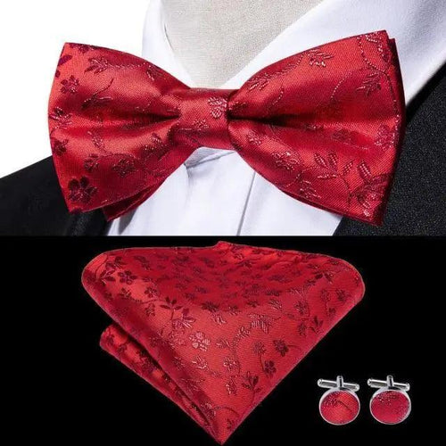 Business Red Color Butterfly Bow Tie Pocket Square Cufflinks Suit Set For Men Adjustable Self Bowtie Formal Bowtie Set Solid Color Necktie Silk Bow Tie Pocket Square Cuff Links Stevvex