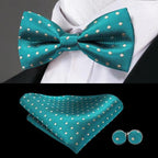 Classic Green Bow Ties Men Silk Butterfly Tie  With Pocket Square And Cufflinks Set For Men Elegant Design Wedding Party Bowties Solid Color Gentleman Bow Tie And Pocket Square Cufflink Set Stevvex