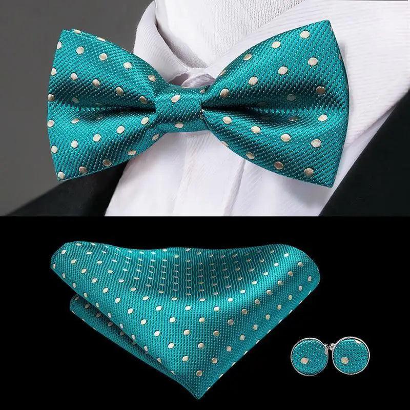 Classic Green Bow Ties Men Silk Butterfly Tie  With Pocket Square And Cufflinks Set For Men Elegant Design Wedding Party Bowties Solid Color Gentleman Bow Tie And Pocket Square Cufflink Set Stevvex